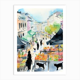 Food Market With Cats In Lisbon 1 Watercolour Art Print