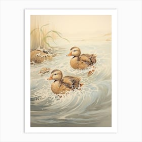 Ducklings In The Wave Japanese Woodblock Art Print