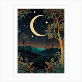 Night Landscape With Moon And Stars Art Print