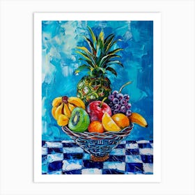Tropical Fruit Basket Blue Checkerboard 3 Art Print