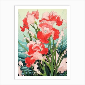 Great Wave With Gladiolus Flower Drawing In The Style Of Ukiyo E 4 Art Print