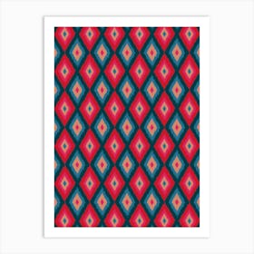 DIAMOND IKAT Boho Woven Texture Style in Exotic Red Pink Blue Blush Dark Teal Art Print