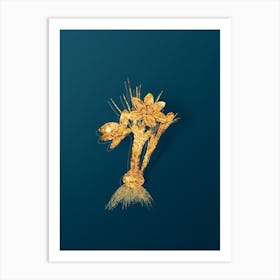 Vintage Crocus Luteus Botanical in Gold on Teal Blue n.0176 Art Print