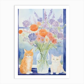 Cat With Queen Annes Flowers Watercolor Mothers Day Valentines 1 Art Print