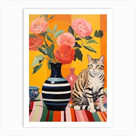 Rose Flower Vase And A Cat, A Painting In The Style Of Matisse 1 Art Print