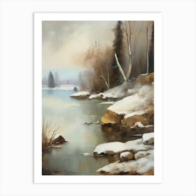 Ancient landscapes, old winter oil paintings and rocks around the lake bank. Snow is falling on the lake, old colors.9 1 Art Print