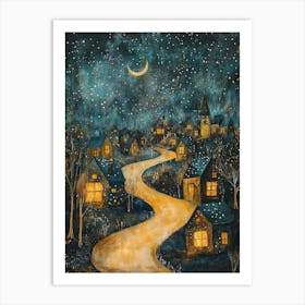 Village At Night With Stars and Moon In The Sky 6 Art Print