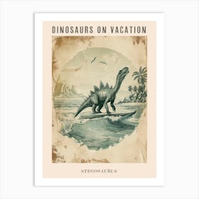 Vintage Stegosaurus Dinosaur On A Surf Board 2 Poster Art Print