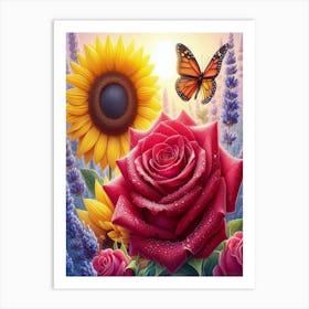 Sunflowers And Roses Art Print