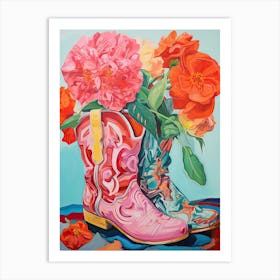 Oil Painting Of Pink And Red Flowers And Cowboy Boots, Oil Style 10 Art Print