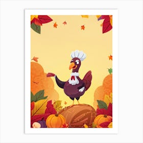 Cartoon Style Illustration Of A Cheerful Turkey Character Donning A Pilgrim Hat Amidst A Fall Harves (6) Art Print