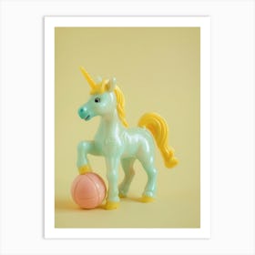 Toy Unicorn Playing Football Yellow Pastel Art Print