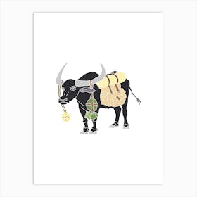 Buffalo With Compass And Camping Supplies, Fun Safari Animal Print, Portrait Art Print