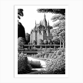 Château De Chantilly Gardens, 1, France Linocut Black And White Vintage Art Print