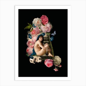 Antique Naked Venus With Dog And Flowers Art Print