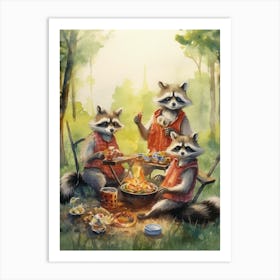 Raccoon Family Picnic Watercolour 1 Art Print
