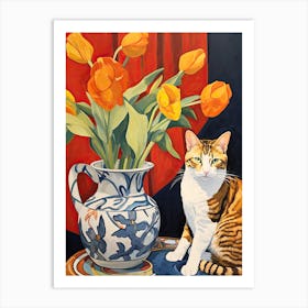 Daffodil Flower Vase And A Cat, A Painting In The Style Of Matisse 2 Art Print