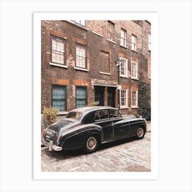 London, England I Antique car on a Shoreditch street with retro vintage aesthetic brick facades with a street photography of British minimalist geometric architecture with a moody ambience Poster