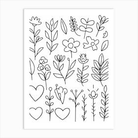 Doodle Flowers And Leaves Art Print