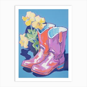 Purple Pink Cowbow Boots With Yellow Flower Art Print