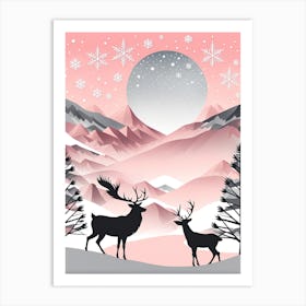 Christmas Tree And Deer, Rein deer, Christmas Tree art, Christmas Tree, Christmas vector art, Vector Art, Christmas art, Christmas, pink and white Art Print