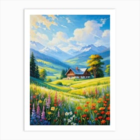 A Tranquil Countryside House Kissed By Suns Cheerful Warm And Radiant Rays Amidst Fluffy Clouds Art Print