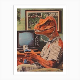 Retro Collage Dinosaur Playing Video Games 2 Art Print