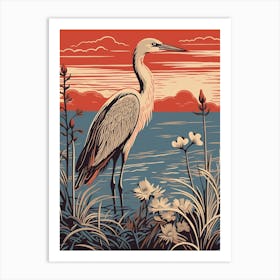 Vintage Bird Linocut Egret 3 Art Print