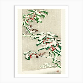 Sparrows On Snowy Berry Bush (1900 1945), Ohara Koson Art Print
