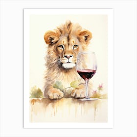 Tasting Wine Watercolour Lion Art Painting 4 Art Print