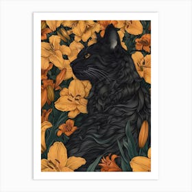 Black Cat In Lilies 2 Art Print