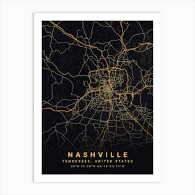 Nashville Tennessee USA Black And Gold Map Art Print