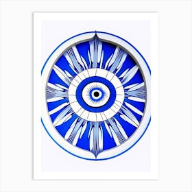 Dharma Wheel, Symbol, Third Eye Blue & White 5 Art Print