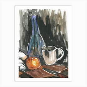 Still Life With Blue Bottle - watercolor hand painted vertical kitchen Art Print
