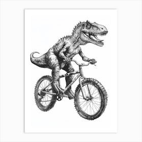 Dinosaur On A Bike Black Ink Illustration 2 Art Print