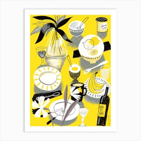 Stillife Wine Plates Shadows Yellow Grey  Art Print