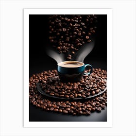 Coffee Cup With Coffee Beans On Black Background Art Print