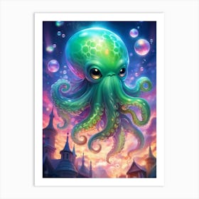 Cute Cthulhu Floating Amidst Iridescent Soap Bubbles Tentacle Details Visible Through Translucent Art Print