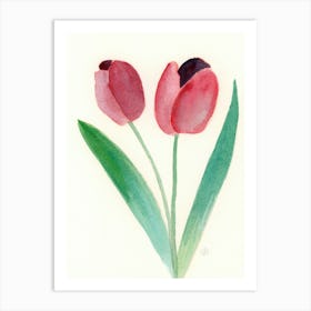 Two Tulips - minimalist minimalism watercolor floral flowers red green Art Print