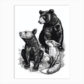 Malayan Sun Bear And A Fox Ink Illustration 2 Art Print