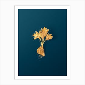 Vintage Autumn Crocus Botanical in Gold on Teal Blue Art Print