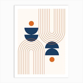 Modern Mid Century Sun, Moon Phases and Rainbow Abstract 16 in Navy Blue and Burnt Orange Art Print