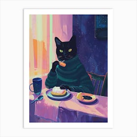 Black Cat Having Breakfast Folk Illustration 1 Art Print