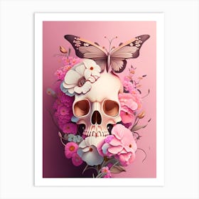Skull With Butterfly 3 Motifs Pink Vintage Floral Art Print