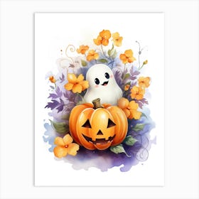 Cute Ghost With Pumpkins Halloween Watercolour 143 Art Print