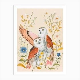 Folksy Floral Animal Drawing Snowy Owl Art Print