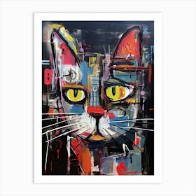 City's Whiskered Whimsy: Black Cat Neo-expressionism Art Print