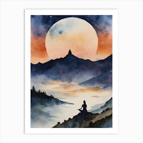 Meditation In The Mountains - Full Moon Contemplating Serenity Calm Yoga Meditating Spiritual Grounding Heart Open Buddhist Indian Travel Guidance Wisdom Peace Love Witchy Beautiful Watercolor Woman Trees Blue Silhouette Art Print