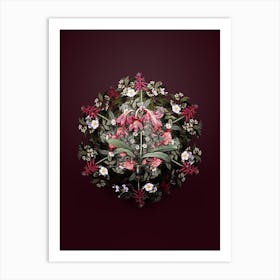 Vintage Netted Veined Amaryllis Flower Wreath on Wine Red n.1280 Art Print