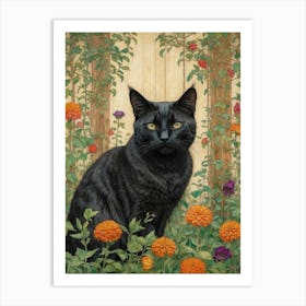 Black Cat In Flowers 1 Art Print